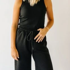 Piper & Scoot The Ronnie Textured Wide Leg Pant In Black Bottoms + Jumpsuits