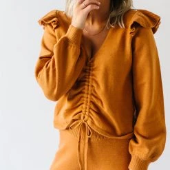 Piper & Scoot Tops The Charlie Cinched Ruffle Sweater In Rust