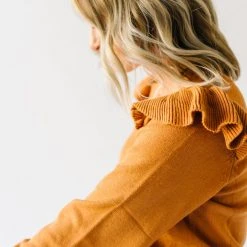 Piper & Scoot Tops The Charlie Cinched Ruffle Sweater In Rust