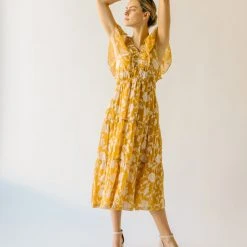 Piper & Scoot The Imara V-Neck Floral Midi Dress In Mustard