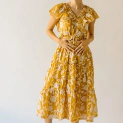 Piper & Scoot The Imara V-Neck Floral Midi Dress In Mustard