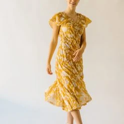 Piper & Scoot The Imara V-Neck Floral Midi Dress In Mustard
