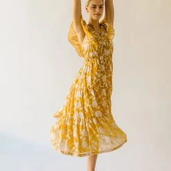 Piper & Scoot The Imara V-Neck Floral Midi Dress In Mustard