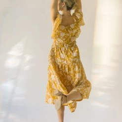 Piper & Scoot The Imara V-Neck Floral Midi Dress In Mustard