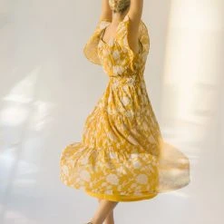 Piper & Scoot The Imara V-Neck Floral Midi Dress In Mustard