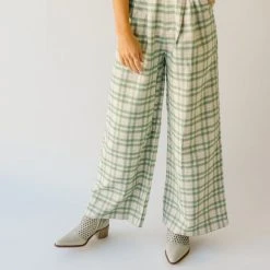 Piper & Scoot The Jayla Wide Leg Trousers In Green Plaid Bottoms + Jumpsuits