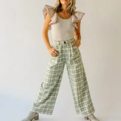 Piper & Scoot The Jayla Wide Leg Trousers In Green Plaid Bottoms + Jumpsuits