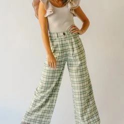 Piper & Scoot The Jayla Wide Leg Trousers In Green Plaid Bottoms + Jumpsuits