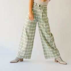 Piper & Scoot The Jayla Wide Leg Trousers In Green Plaid Bottoms + Jumpsuits