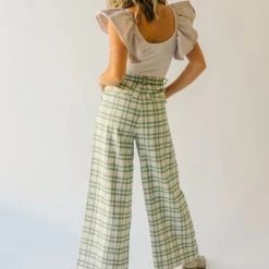 Piper & Scoot The Jayla Wide Leg Trousers In Green Plaid Bottoms + Jumpsuits