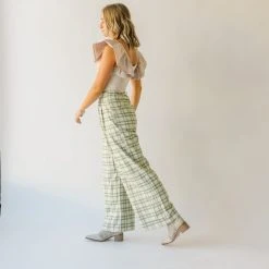 Piper & Scoot The Jayla Wide Leg Trousers In Green Plaid Bottoms + Jumpsuits