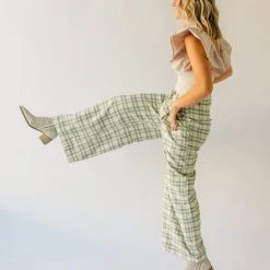 Piper & Scoot The Jayla Wide Leg Trousers In Green Plaid Bottoms + Jumpsuits