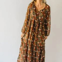 Piper & Scoot The Davina Ruffle Detail Maxi Dress In Brown Dresses