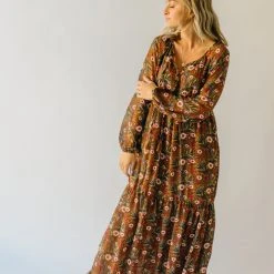 Piper & Scoot The Davina Ruffle Detail Maxi Dress In Brown Dresses