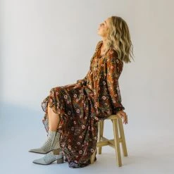 Piper & Scoot The Davina Ruffle Detail Maxi Dress In Brown Dresses