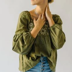 Piper & Scoot The Marilyn Embroidered Blouse In Olive Tops