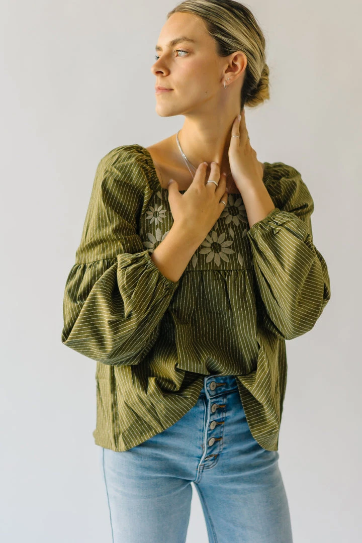 Piper & Scoot The Marilyn Embroidered Blouse In Olive Tops
