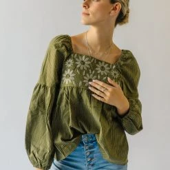 Piper & Scoot The Marilyn Embroidered Blouse In Olive Tops