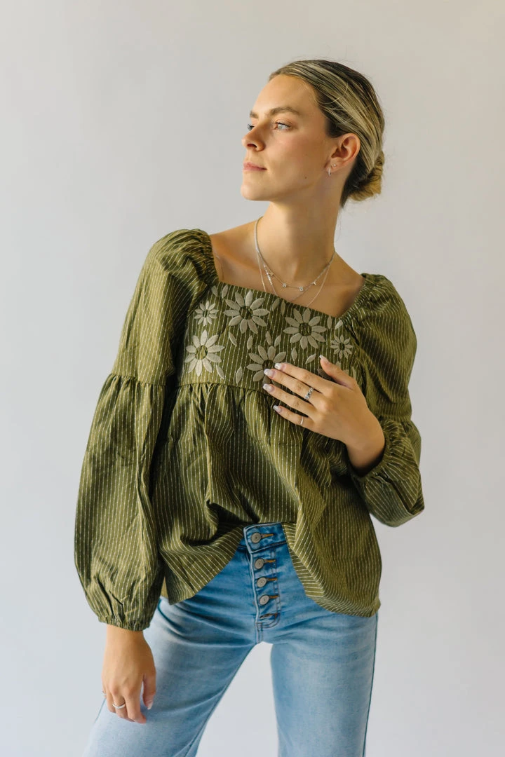 Piper & Scoot The Marilyn Embroidered Blouse In Olive Tops