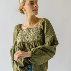 Piper & Scoot The Marilyn Embroidered Blouse In Olive Tops
