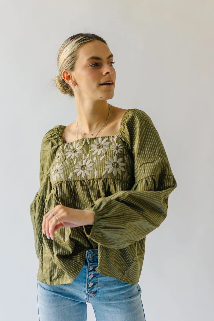 Piper & Scoot The Marilyn Embroidered Blouse In Olive Tops