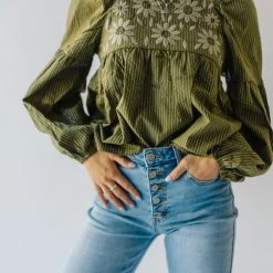 Piper & Scoot The Marilyn Embroidered Blouse In Olive Tops