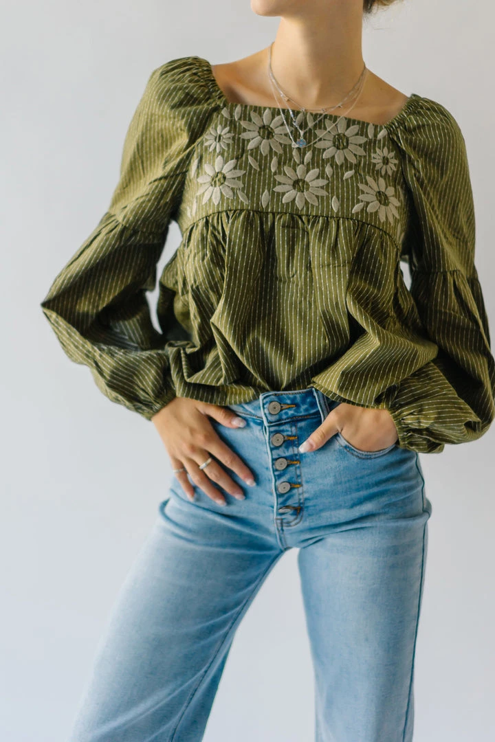 Piper & Scoot The Marilyn Embroidered Blouse In Olive Tops