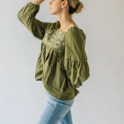 Piper & Scoot The Marilyn Embroidered Blouse In Olive Tops