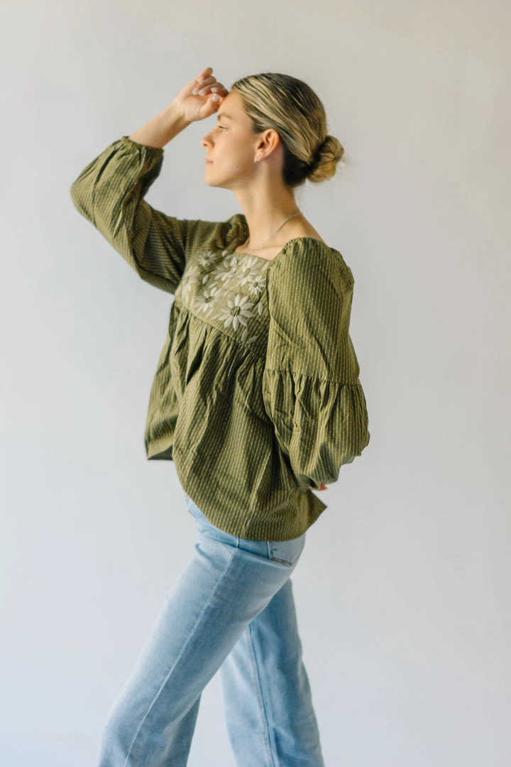 Piper & Scoot The Marilyn Embroidered Blouse In Olive Tops