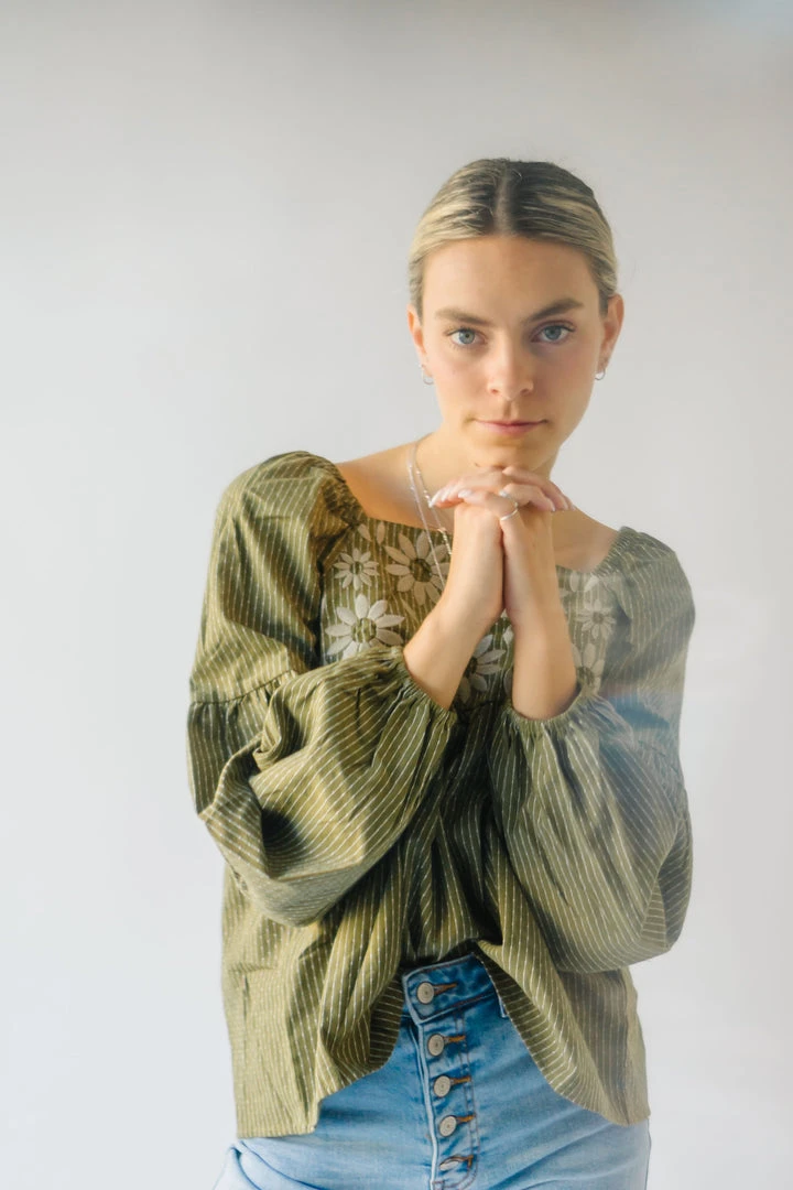 Piper & Scoot The Marilyn Embroidered Blouse In Olive Tops