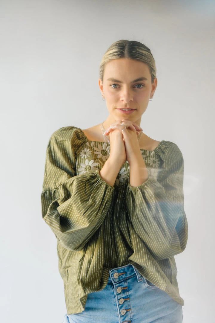 Piper & Scoot The Marilyn Embroidered Blouse In Olive Tops