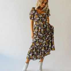 Piper & Scoot The Hobart Floral Square Neck Dress In Black