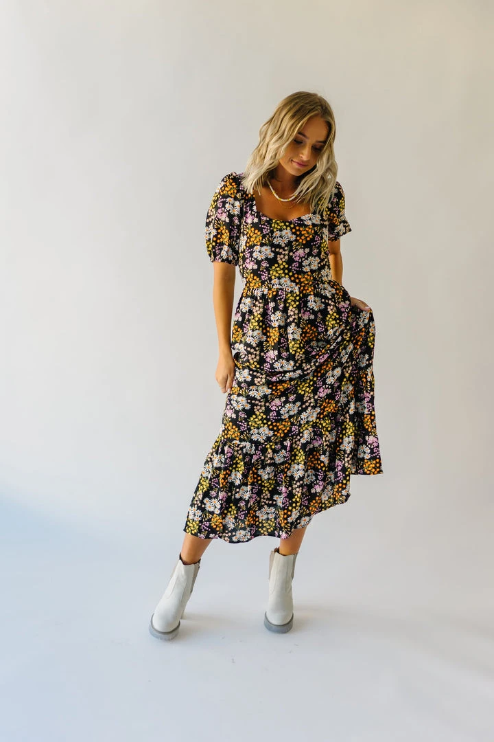 Piper & Scoot The Hobart Floral Square Neck Dress In Black