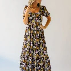 Piper & Scoot The Hobart Floral Square Neck Dress In Black