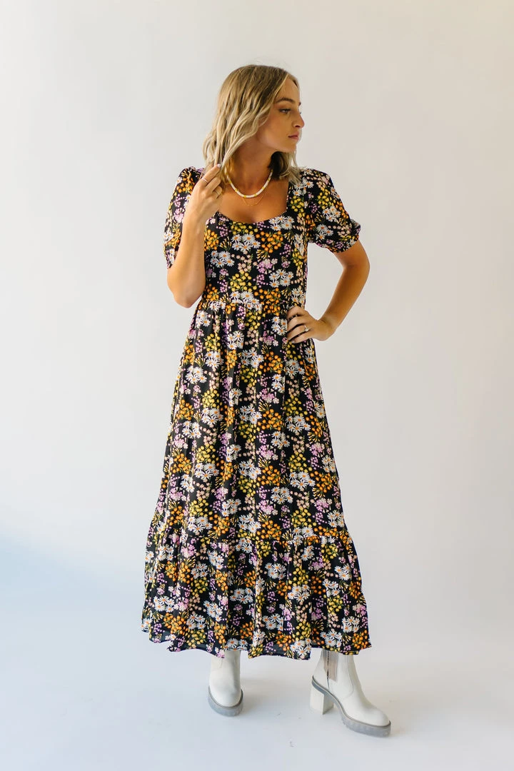 Piper & Scoot The Hobart Floral Square Neck Dress In Black