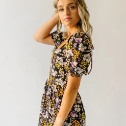Piper & Scoot The Hobart Floral Square Neck Dress In Black