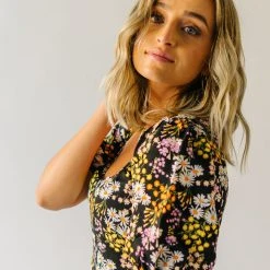 Piper & Scoot The Hobart Floral Square Neck Dress In Black