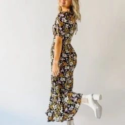 Piper & Scoot The Hobart Floral Square Neck Dress In Black