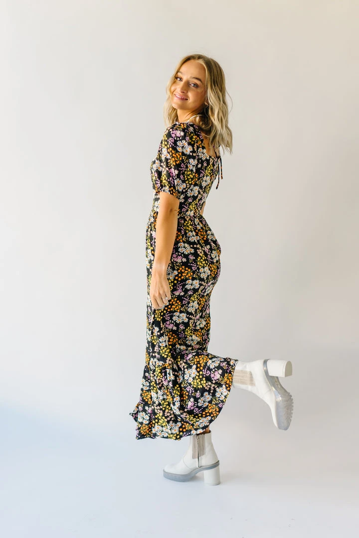 Piper & Scoot The Hobart Floral Square Neck Dress In Black