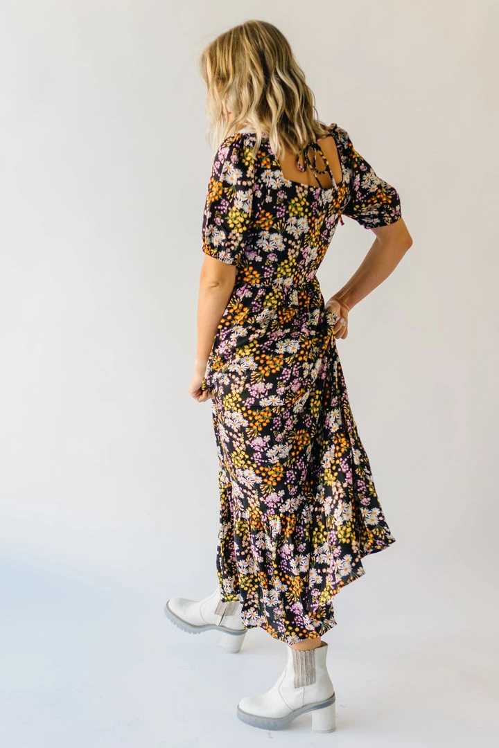 Piper & Scoot The Hobart Floral Square Neck Dress In Black