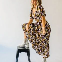 Piper & Scoot The Hobart Floral Square Neck Dress In Black