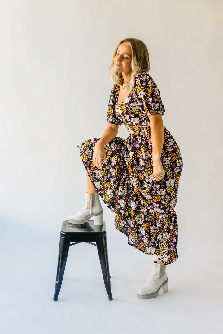 Piper & Scoot The Hobart Floral Square Neck Dress In Black