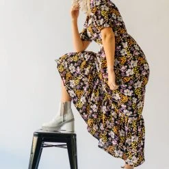 Piper & Scoot The Hobart Floral Square Neck Dress In Black