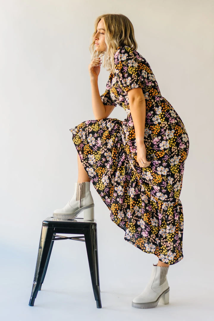 Piper & Scoot The Hobart Floral Square Neck Dress In Black