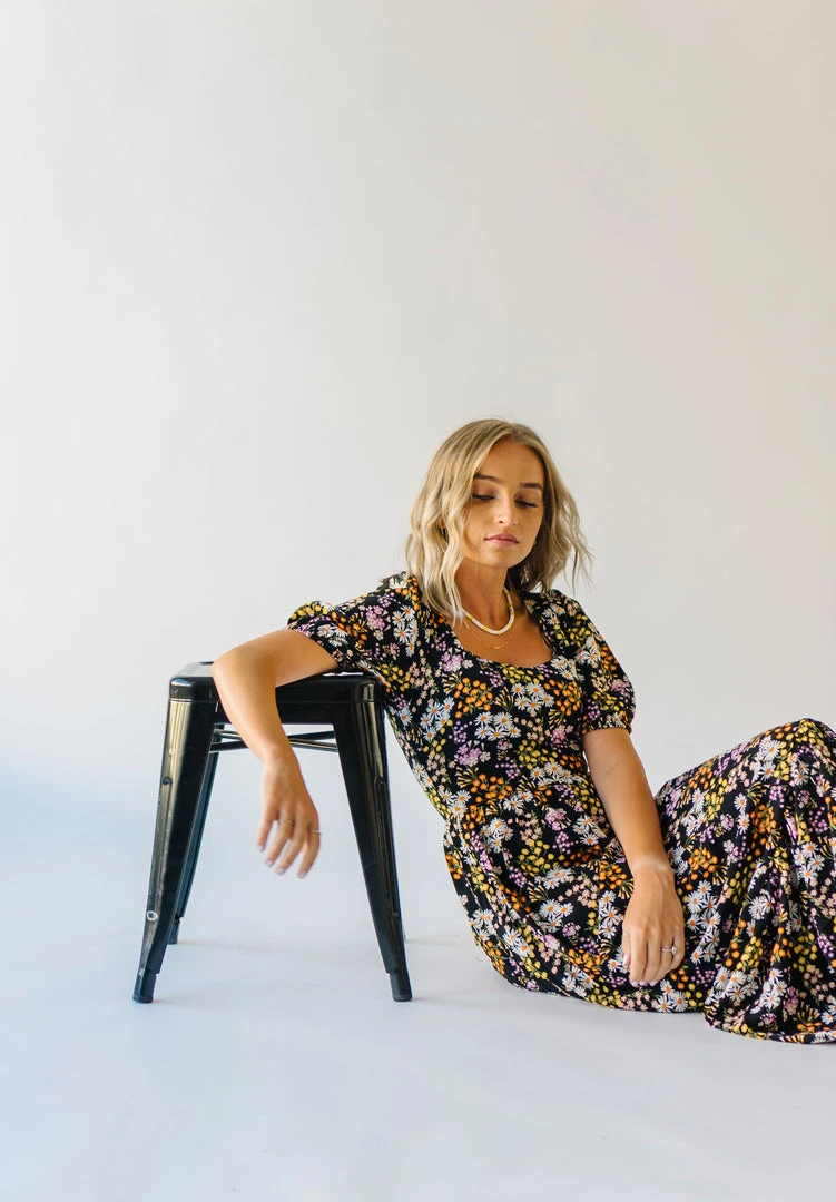 Piper & Scoot The Hobart Floral Square Neck Dress In Black