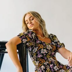 Piper & Scoot The Hobart Floral Square Neck Dress In Black