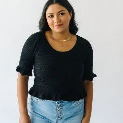 Piper & Scoot The Fairview Crochet Detail Sweater In Black Tops