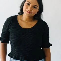 Piper & Scoot The Fairview Crochet Detail Sweater In Black Tops