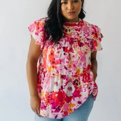Piper & Scoot The Lanza Ruffle Blouse In Pink Floral Tops