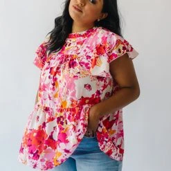 Piper & Scoot The Lanza Ruffle Blouse In Pink Floral Tops